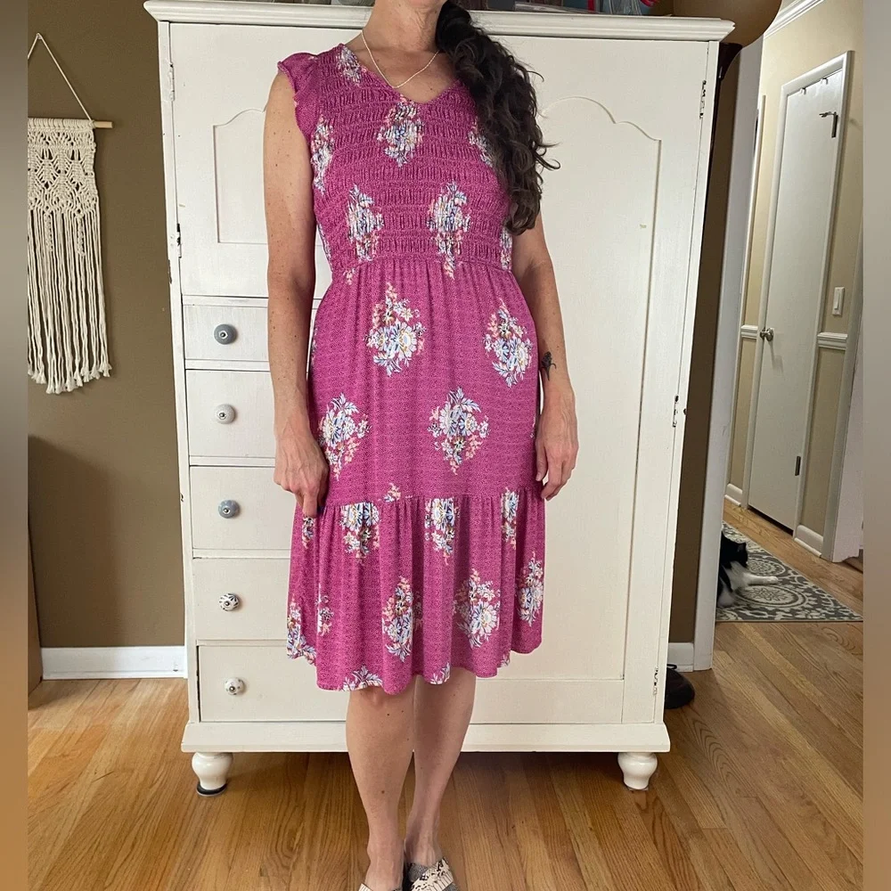 LOFT Pink Flutter Sleeve Sundress smocked midi Petite M